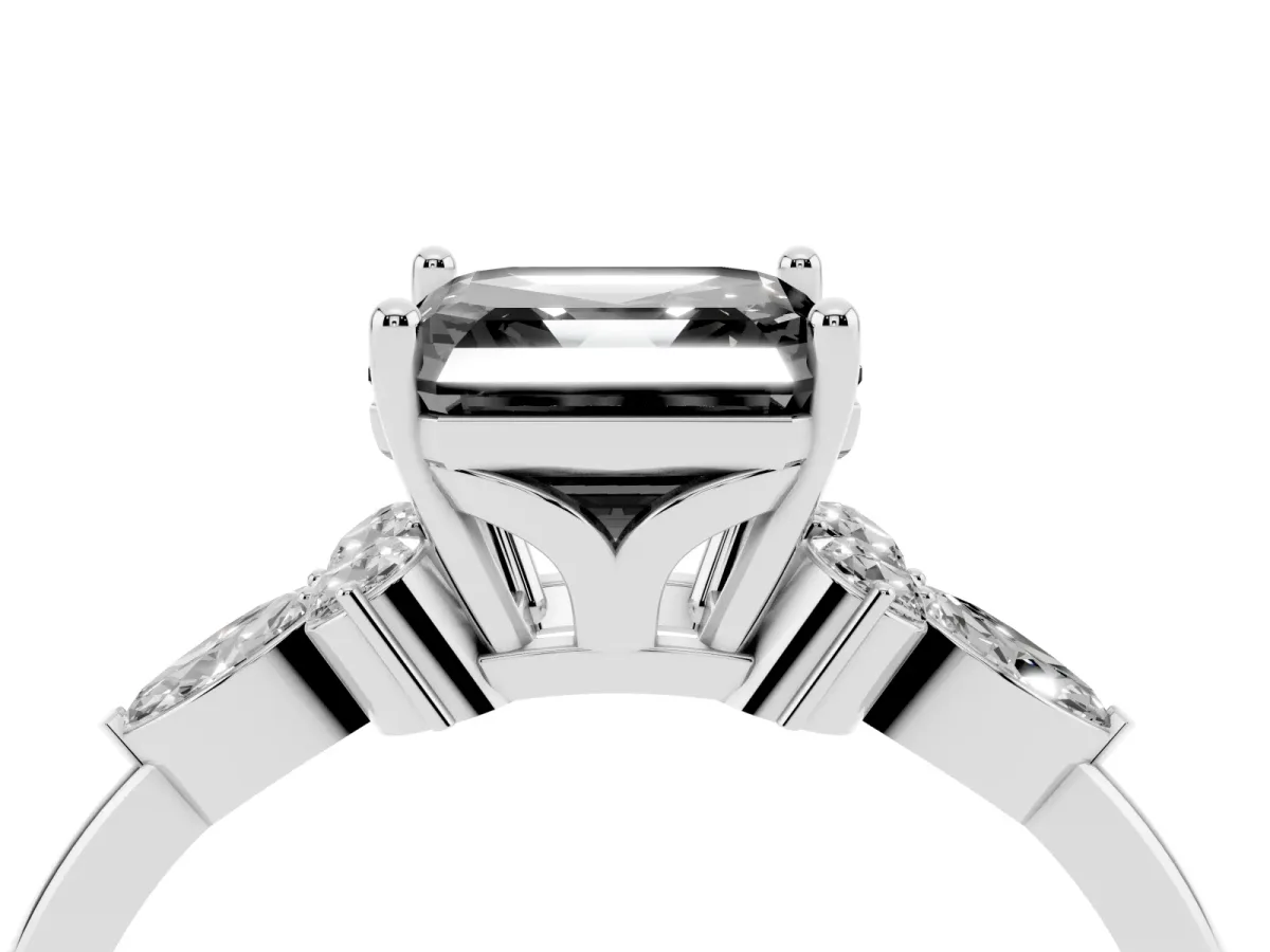 Fancy Black Asscher Cut Brilliant Diamond Solitaire Ring with Pear Side Stones and Four-Prong Setting Silver