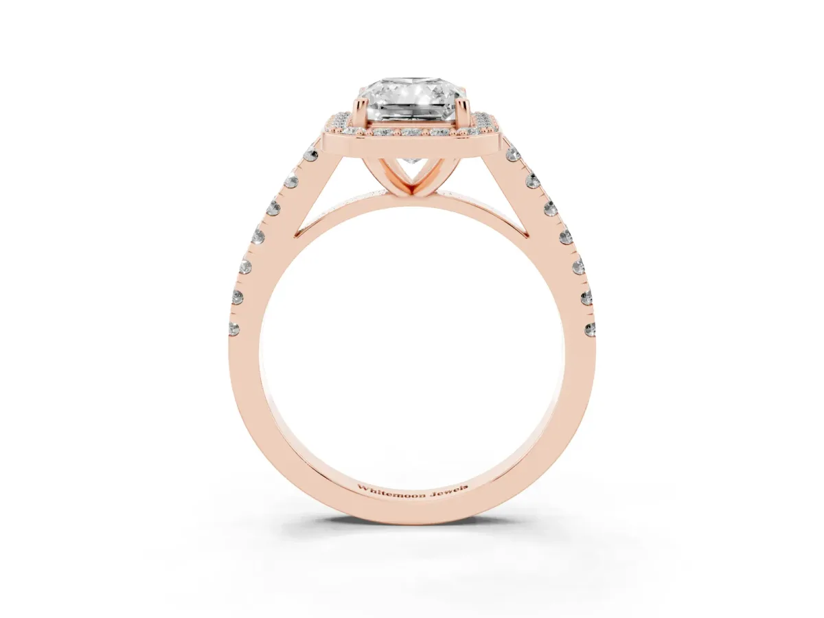 Radiant Cut Diamond Halo Ring with Round Pavé Split Shank and Prong Setting Rose gold