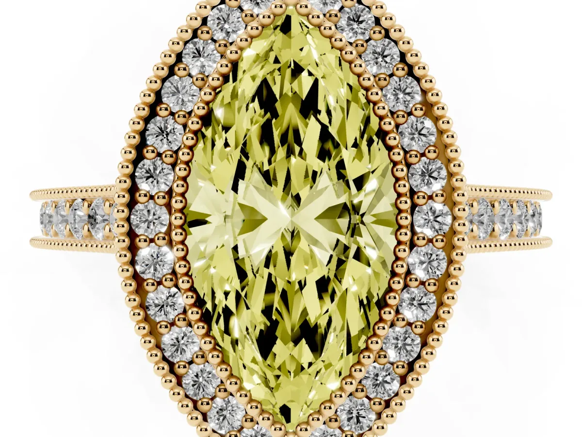 Fancy Yellow Halo Marquise Cut-Cut Diamond Pave Band Milgrain Prong Setting Ring Yellow gold