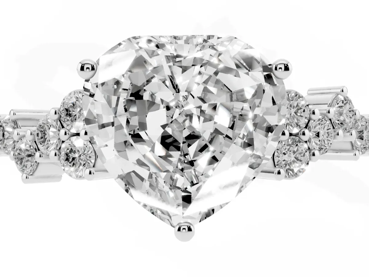 Heart Cut Diamond Scattered Round Accent Ring with Prong Setting Silver