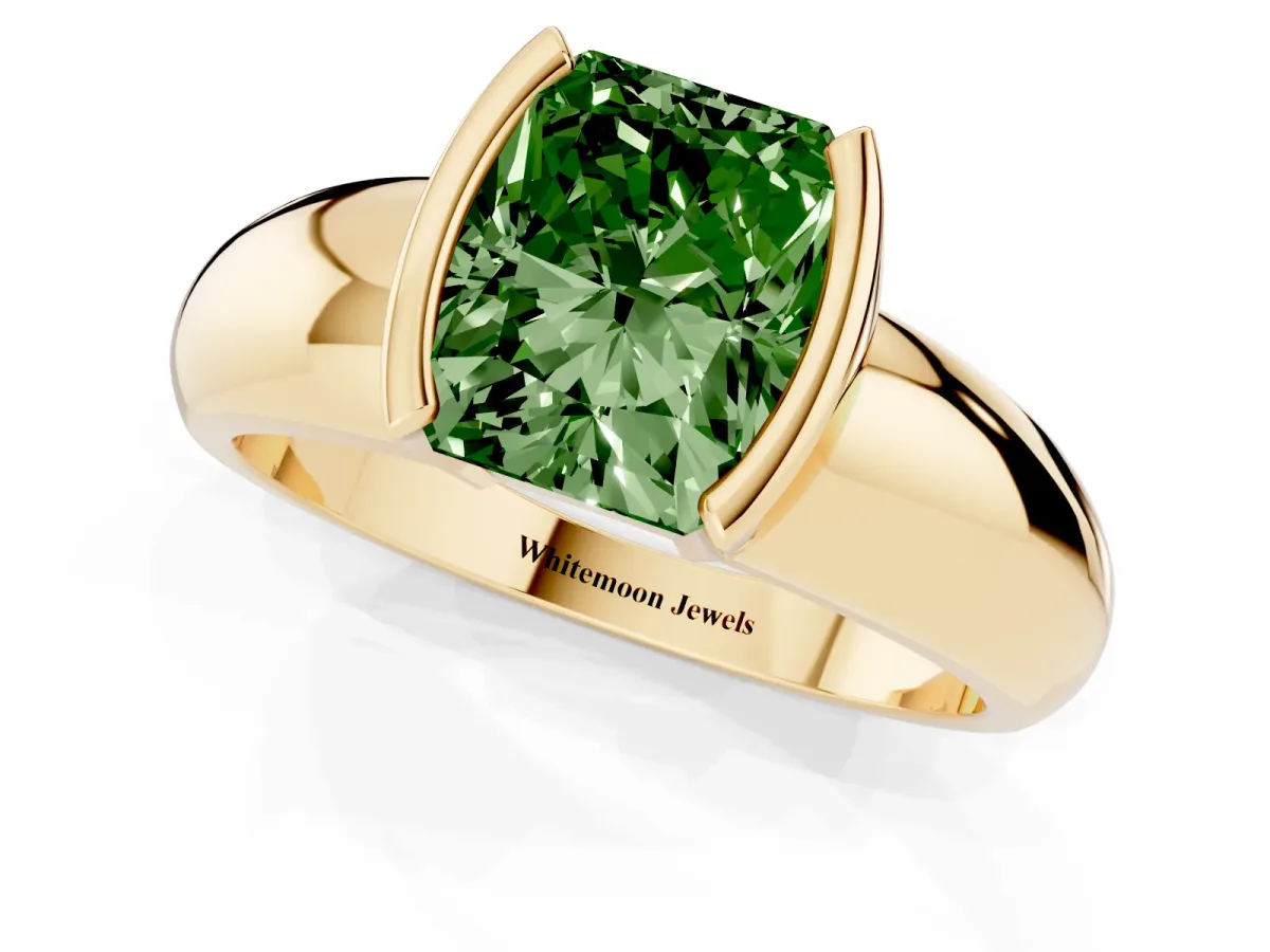 Fancy Green Radiant Cut Solitaire Tension Set Diamond Ring with Wide Band Yellow gold