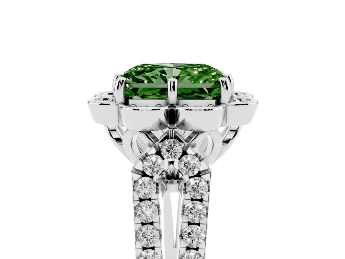 Fancy Green Radiant Cut Halo Diamond Floral Split Shank Engagement Ring Silver