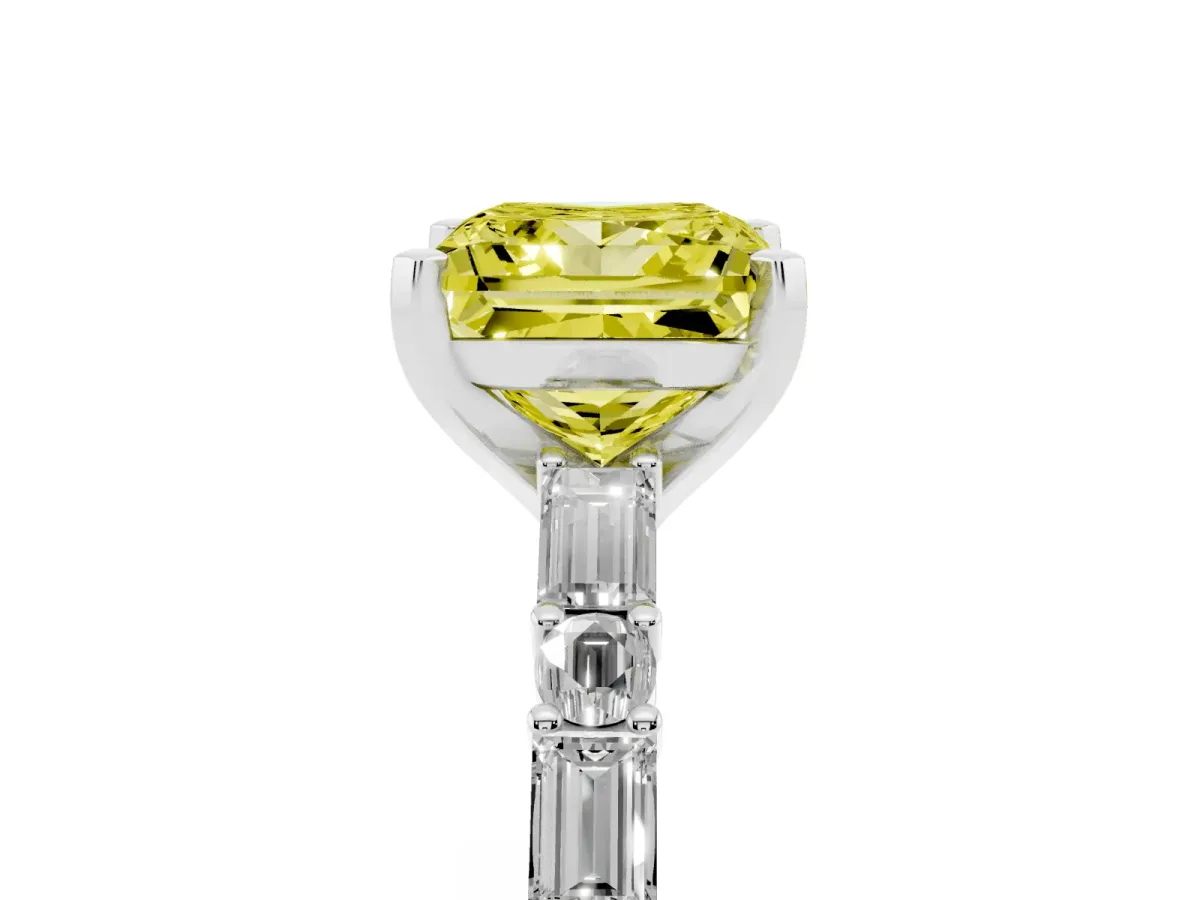 Fancy Yellow Princess Cut Diamond Solitaire with Side Baguettes and Channel Set Band Platinum