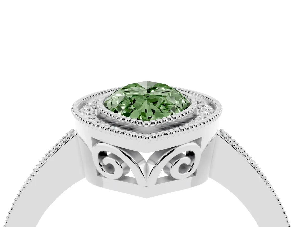 Fancy Green Marquise Cut Cut Halo Diamond Ring with Pavé Band and Milgrain Prong Setting White gold