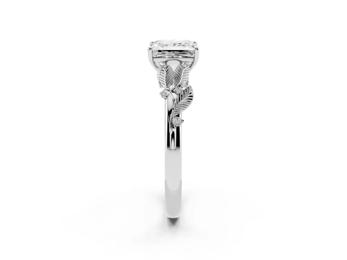 Princess Cut Diamond Solitaire Ring with Leaf Motif Band and Four-Prong Setting Silver
