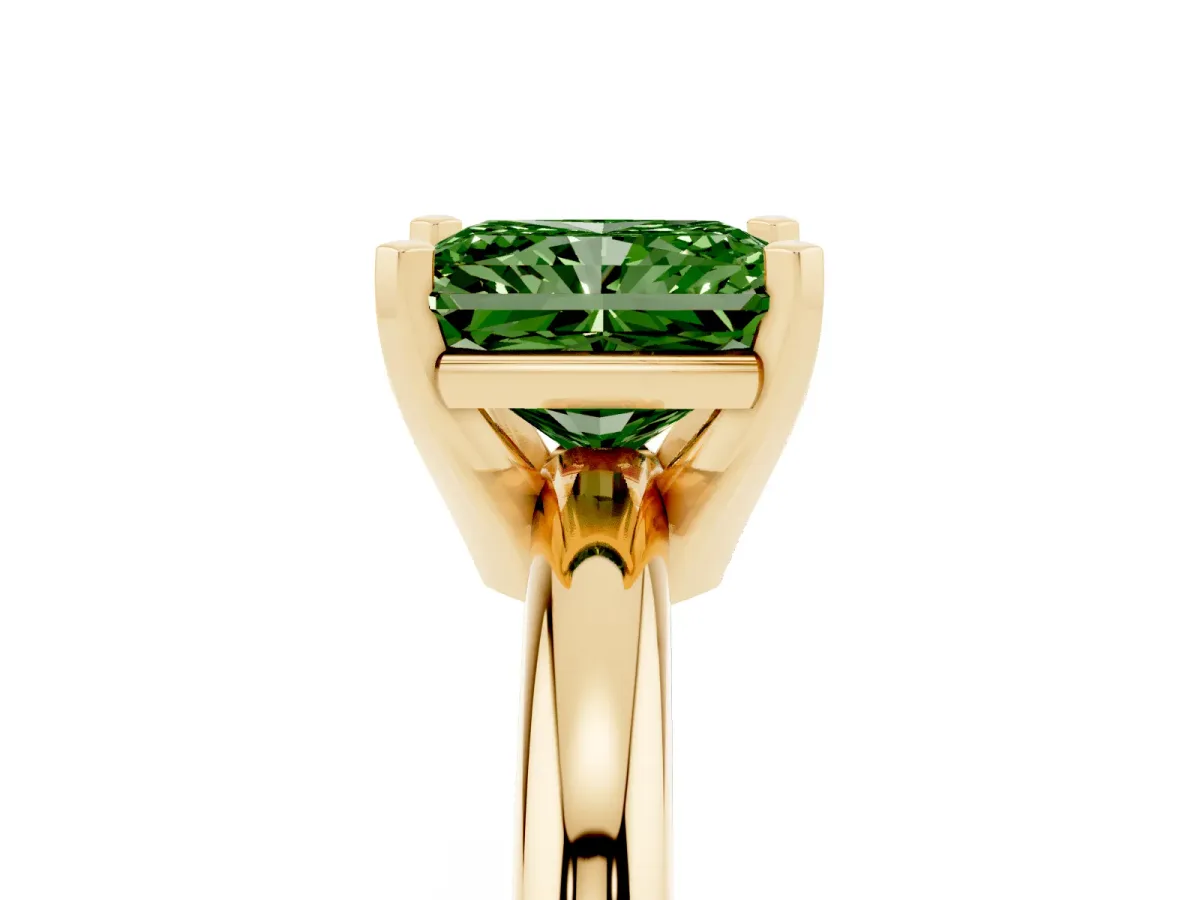 Fancy Green Radiant Cut Diamond Solitaire Engagement Ring with Round Band and Four-Prong Setting Yellow gold