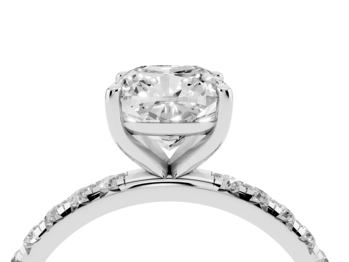 Cushion Cut Cut Diamond Solitaire Ring with Micro Pave Band and Four Prong Setting Silver
