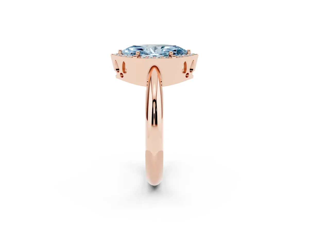 Fancy Blue Marquise Cut Cut Diamond Halo Engagement Ring with Split Shank and Four-Prong Setting Rose gold