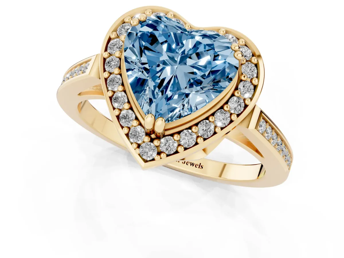 Fancy Blue Heart Cut Diamond Halo Ring with Split Shank and Four-Prong Setting Yellow gold
