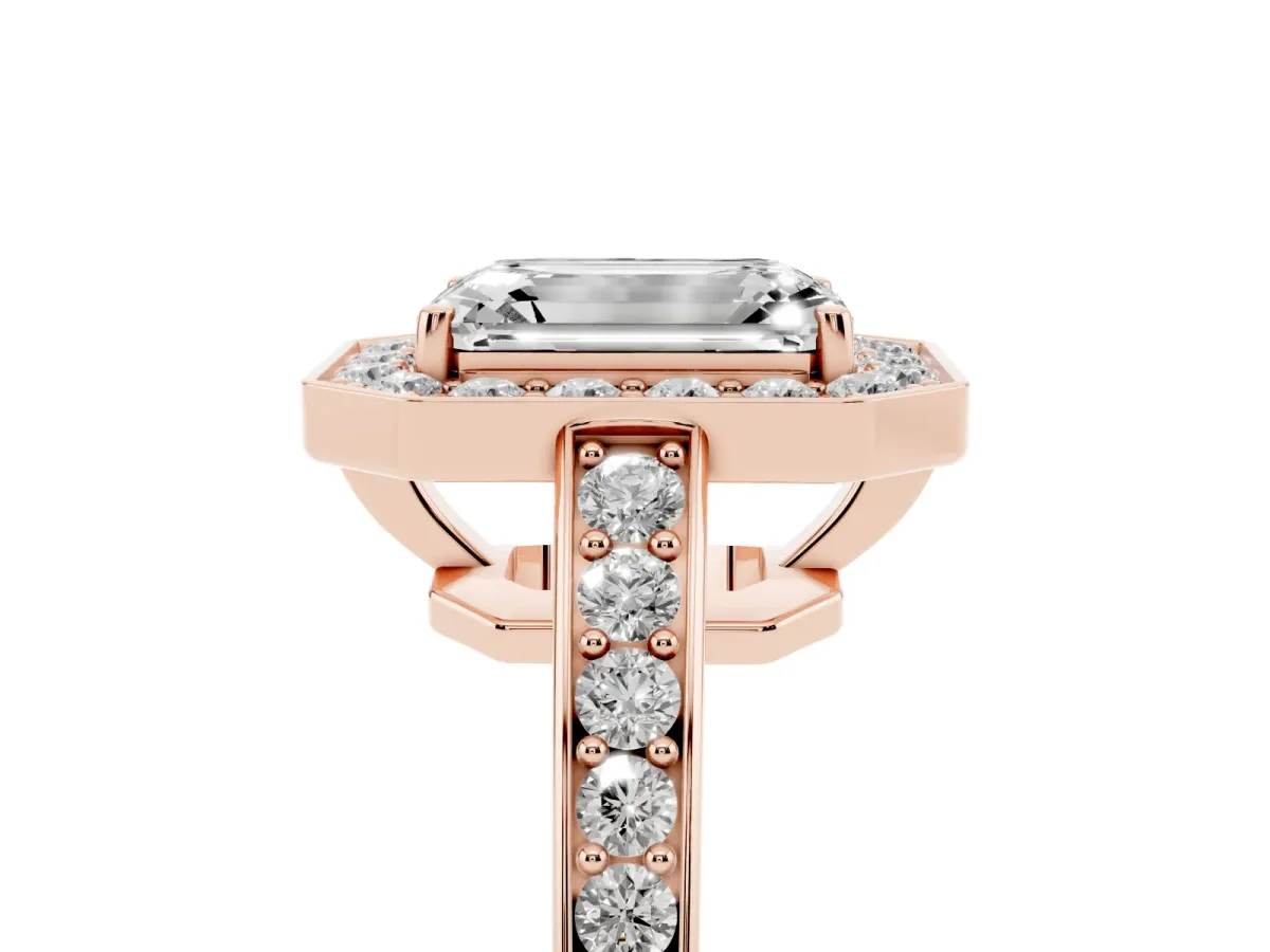 Emerald Cut Halo Pavé Diamond Engagement Ring with Bezel Setting Rose gold