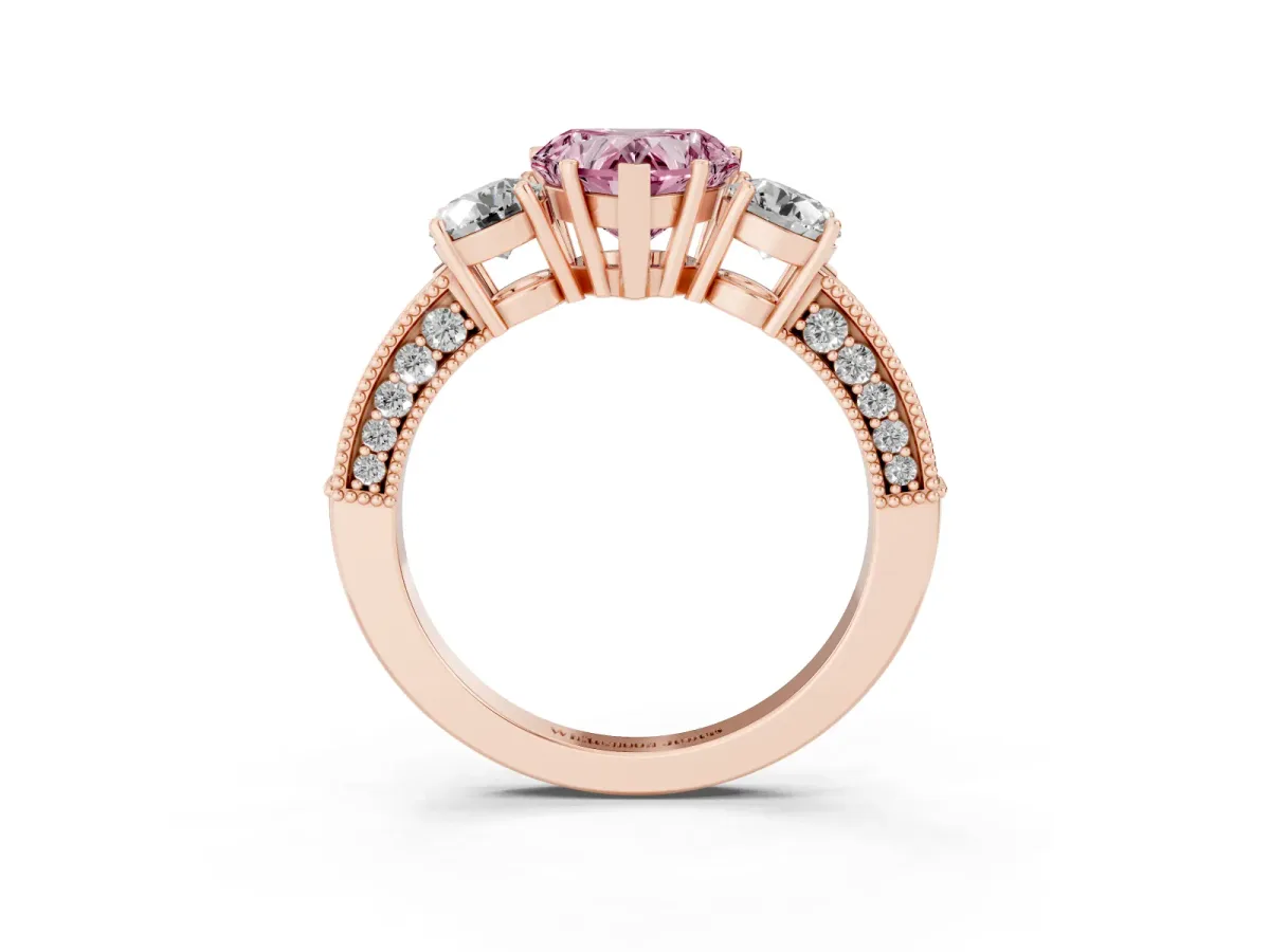 Fancy Pink Heart Cut Three-Stone Diamond Ring with Pavé Band and Four-Prong Setting Rose gold