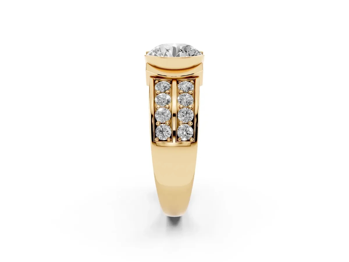 Round Cut Brilliant Diamond Channel Set Wide Band Ring with Bezel Setting Yellow gold