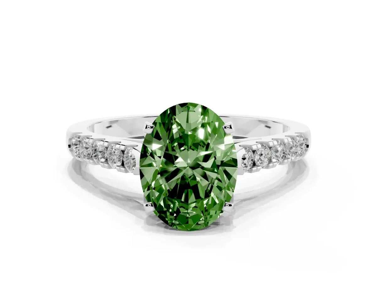Fancy Green Oval Cut Diamond Pavé Band Solitaire Ring with Prong Setting Platinum