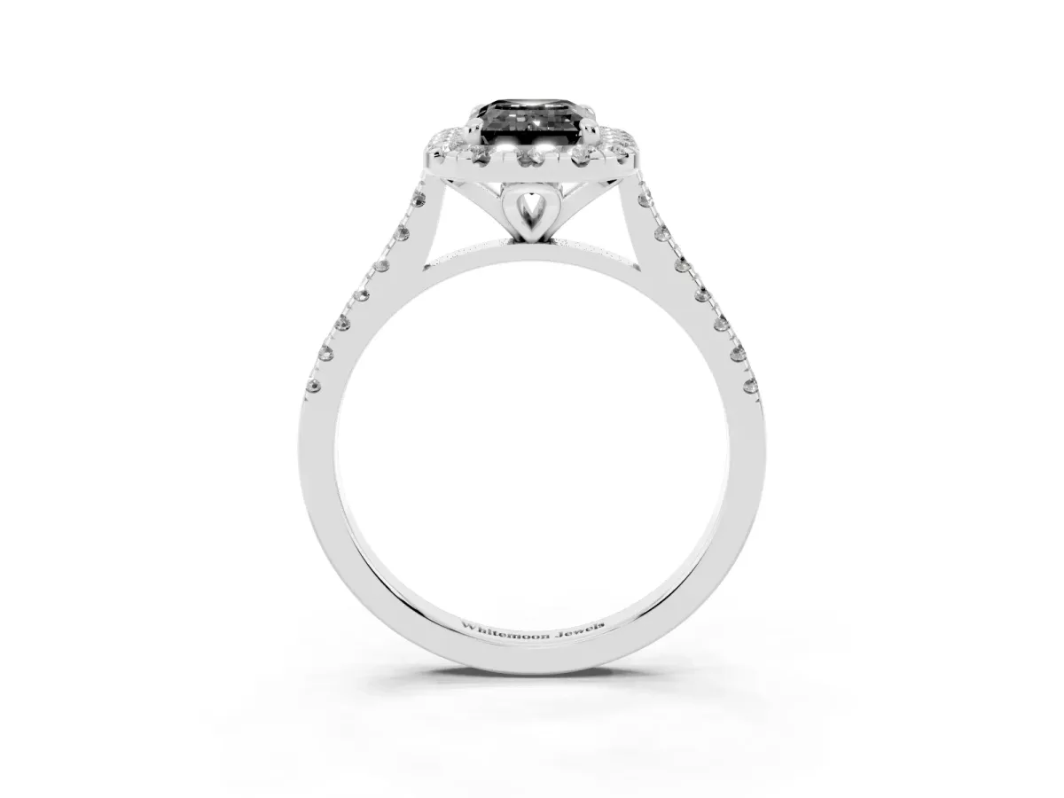 Fancy Black Emerald Cut Diamond Cushion Halo Ring with Pavé Band Silver