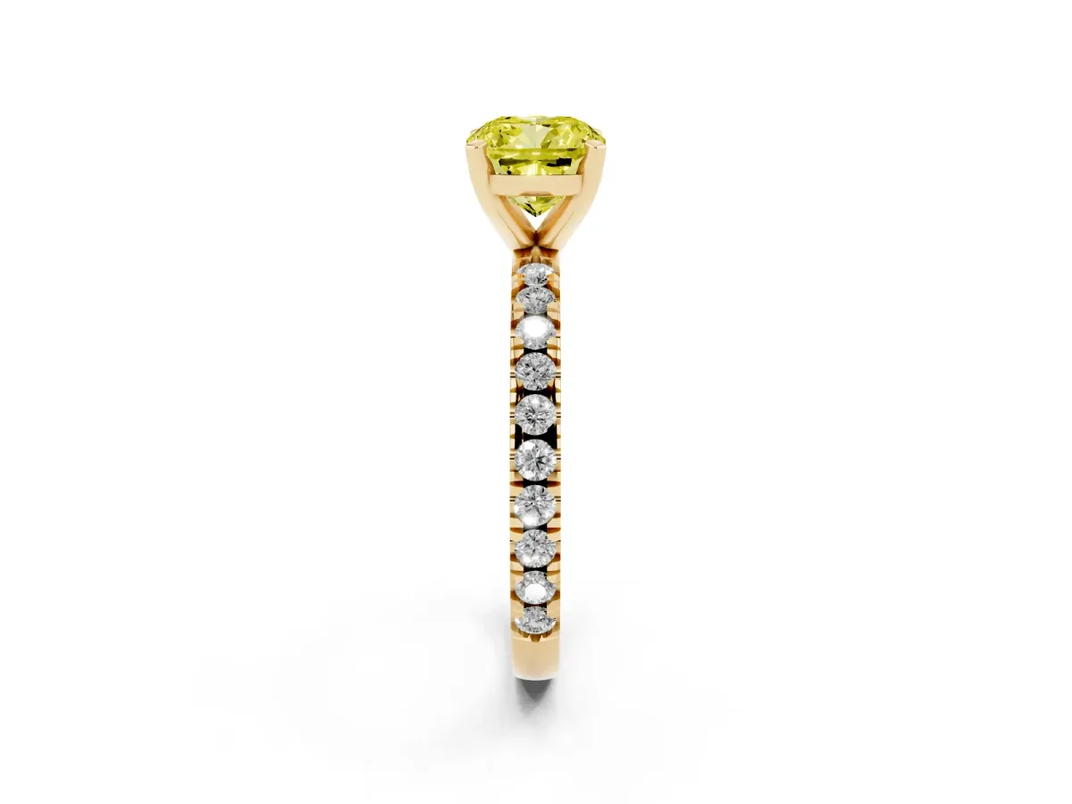 Fancy Yellow Cushion Cut Diamond Pavé Band Solitaire with Four-Prong Setting Yellow gold