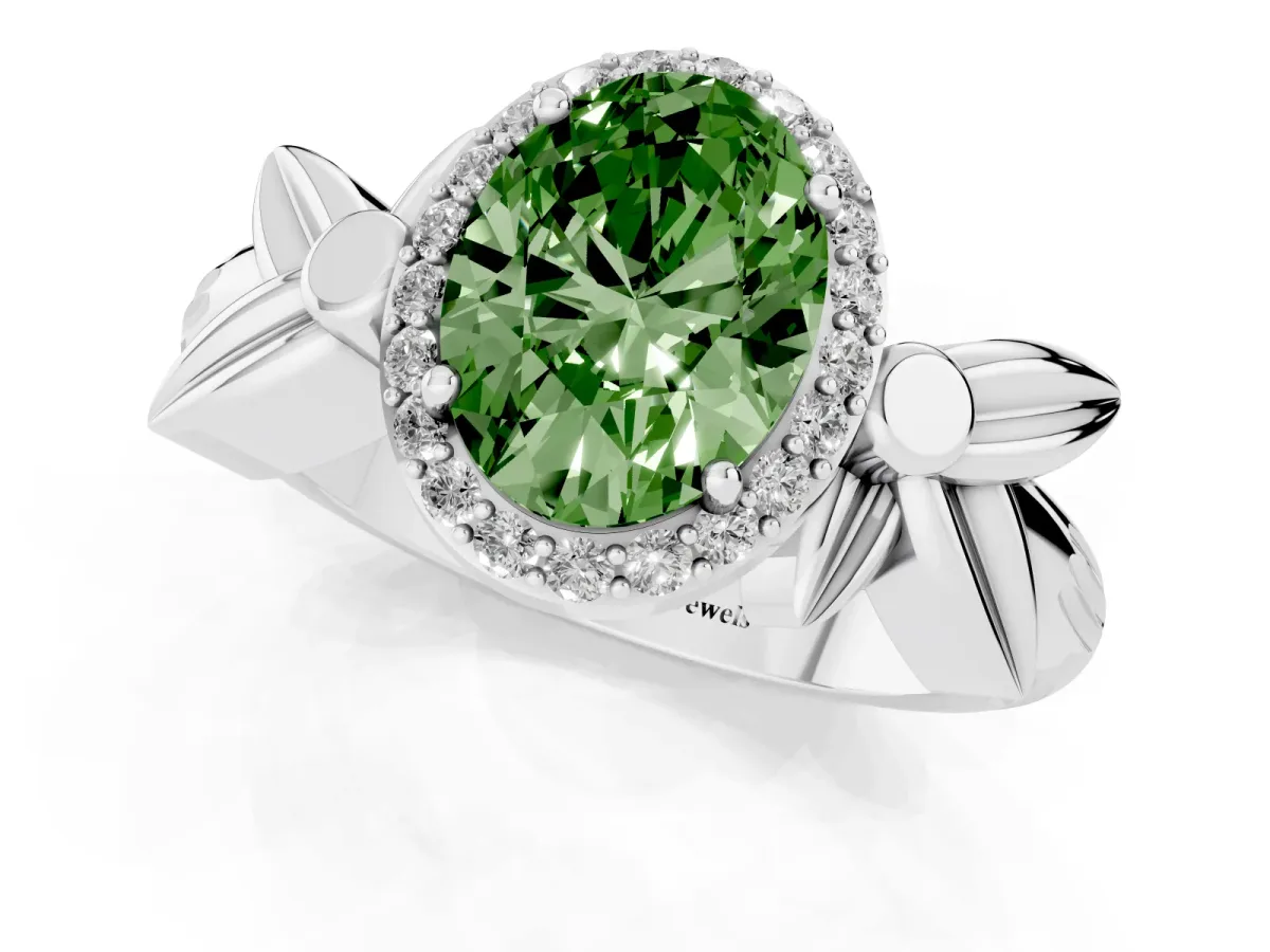 Fancy Green Oval Cut Halo Diamond Floral Band with Four-Prong Setting White gold