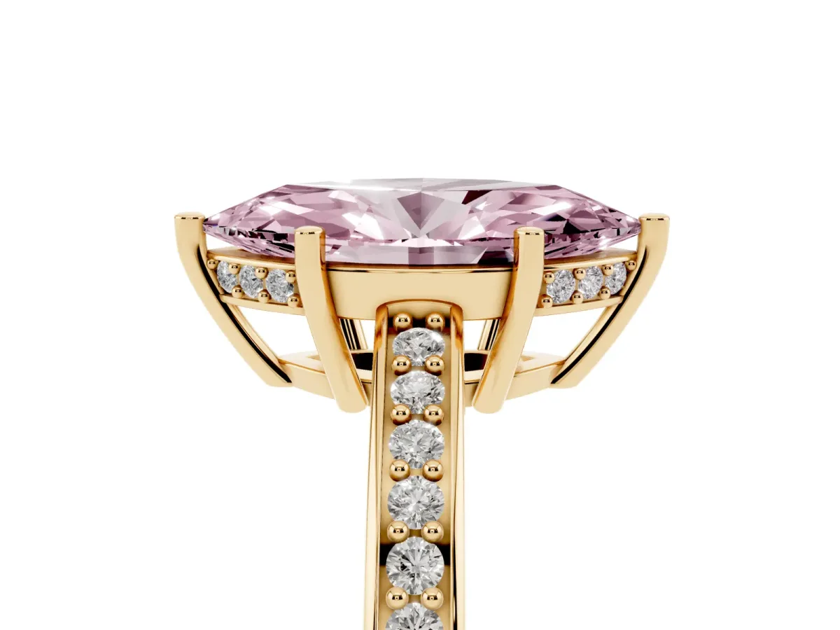 Fancy Pink Marquise Cut Solitaire Pavé Band Prong Setting Ring Yellow gold