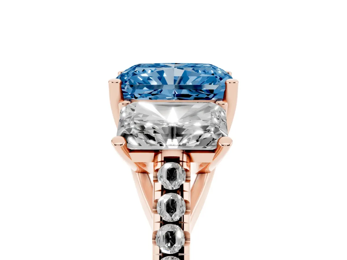Fancy Blue Three-Stone Radiant Cut Diamond Ring with Round Pavé Band and Prong Setting Rose gold