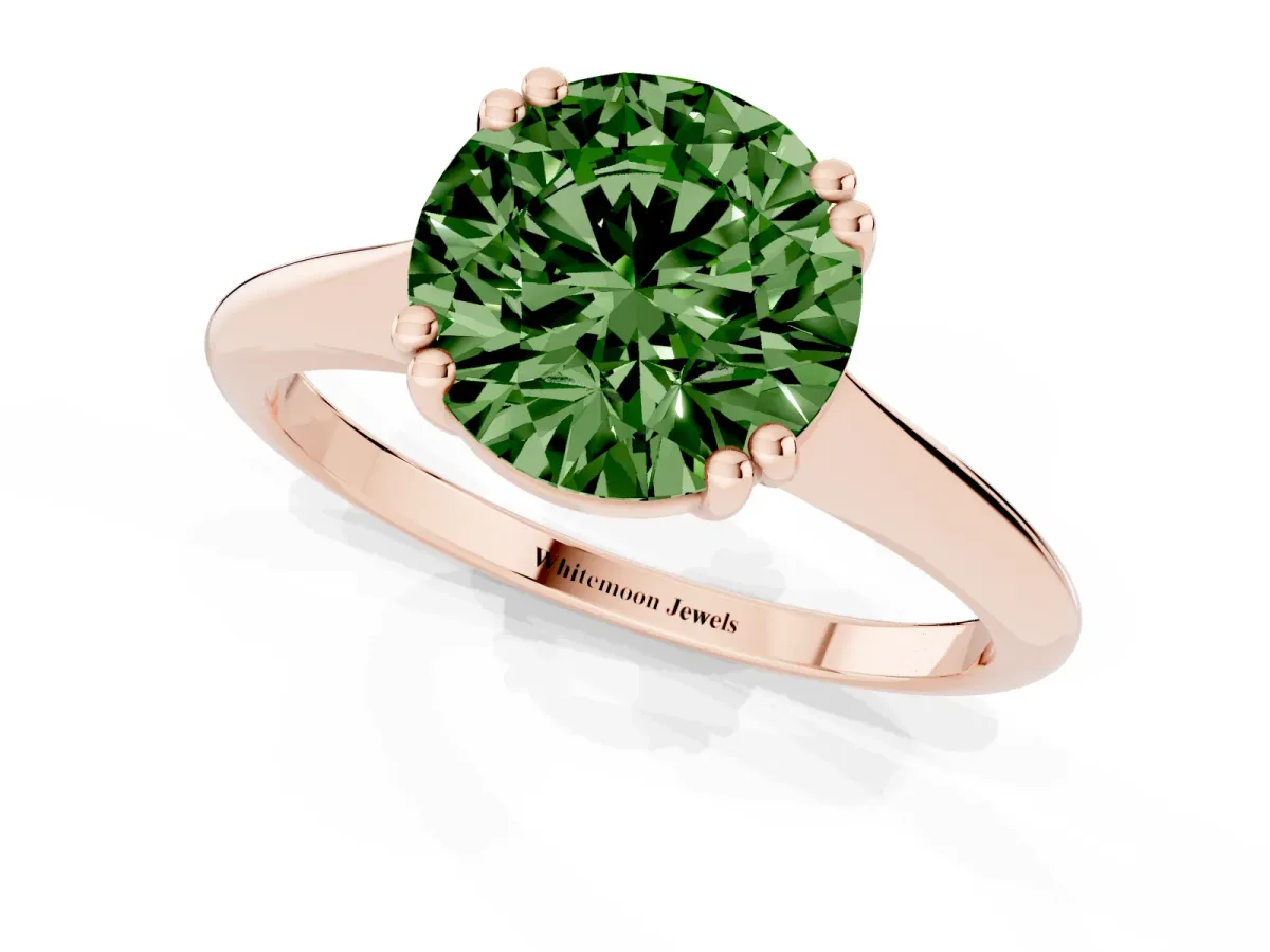 Fancy Green Round Cut Solitaire Diamond Ring with Six-Prong Setting and Classic Band Rose gold