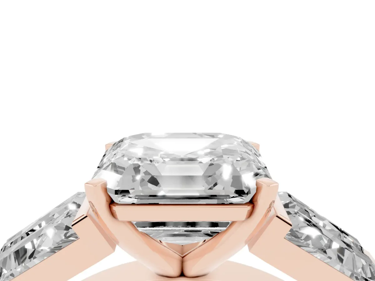 Asscher Cut Diamond Engagement Ring with Baguette Side Stones and Channel Set Band Rose gold