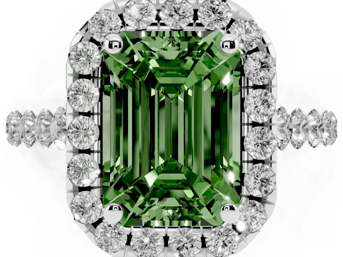 Fancy Green Emerald Cut Halo Pavé Diamond Engagement Ring with Four-Prong Setting Silver