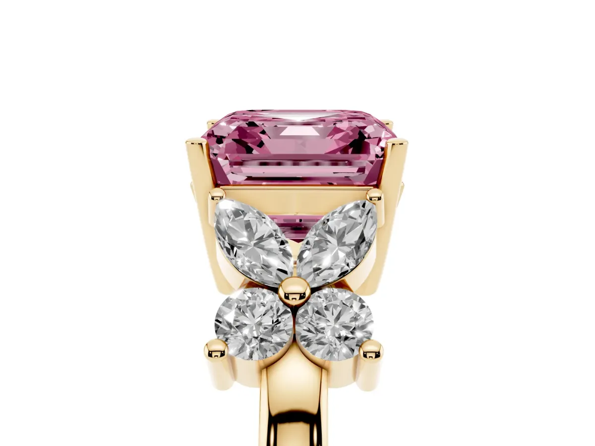 Fancy Pink Princess Cut Diamond Floral Cluster Ring with Solitaire Band and Prong Setting Yellow gold