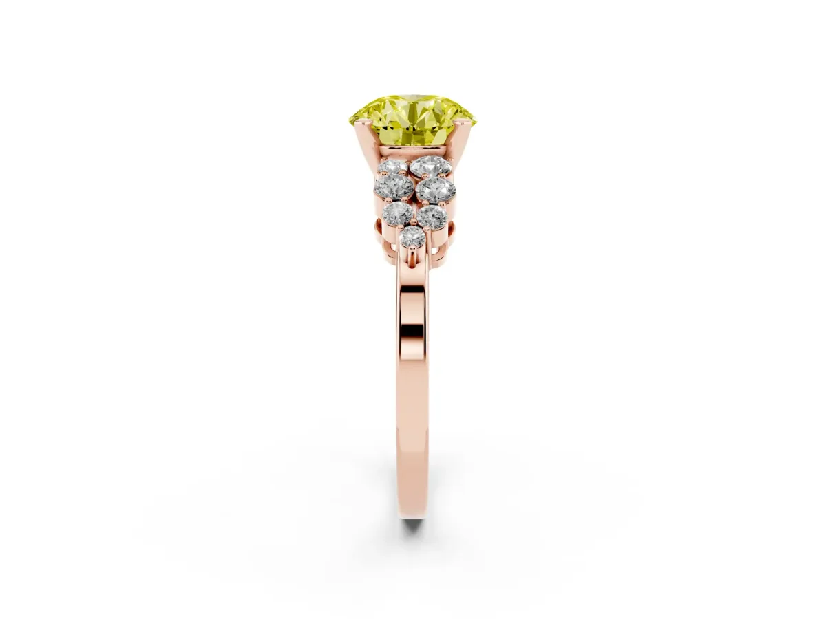 Fancy Yellow Round Cut Cluster Diamond Engagement Ring with Pavé Band and Four-Prong Setting Rose gold