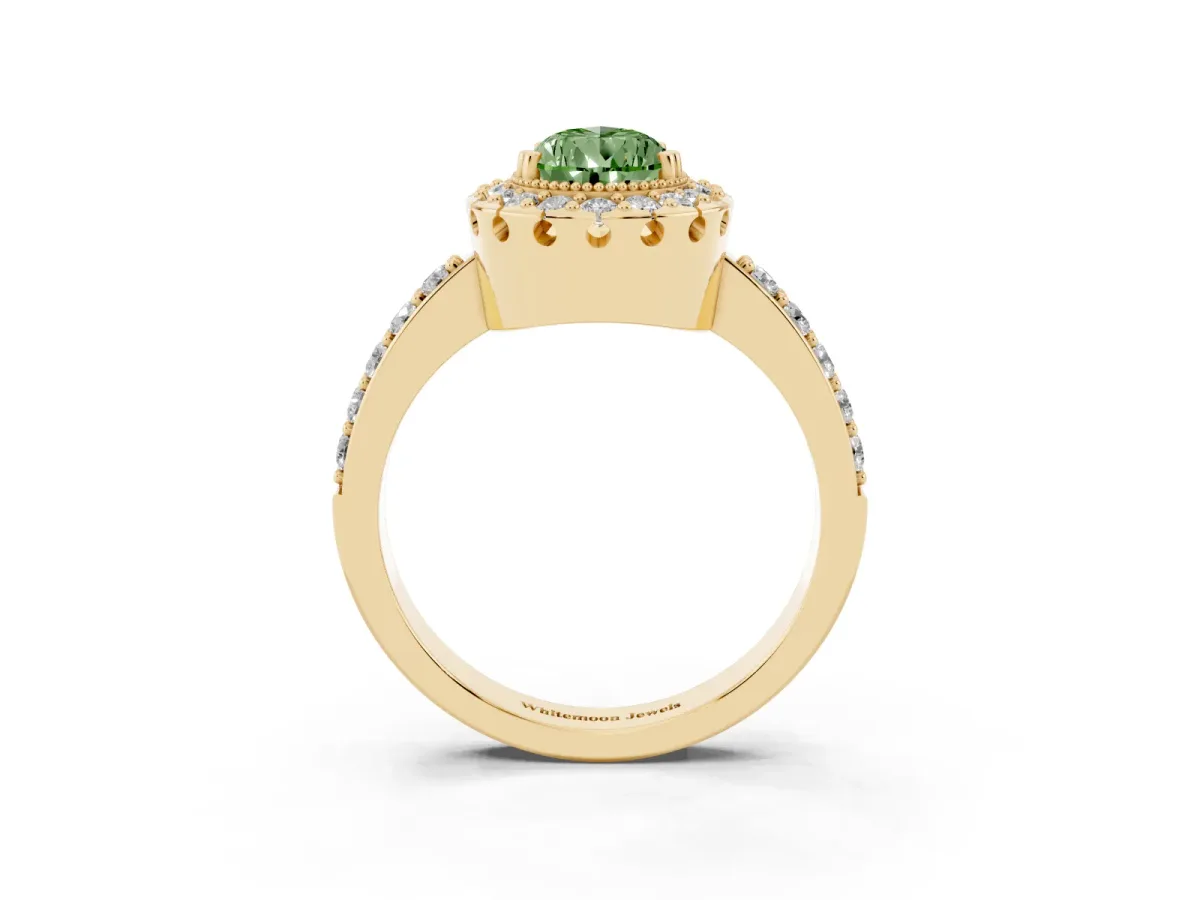 Fancy Green Pear Cut Diamond Halo Ring with Pavé Band and Prong Setting Yellow gold