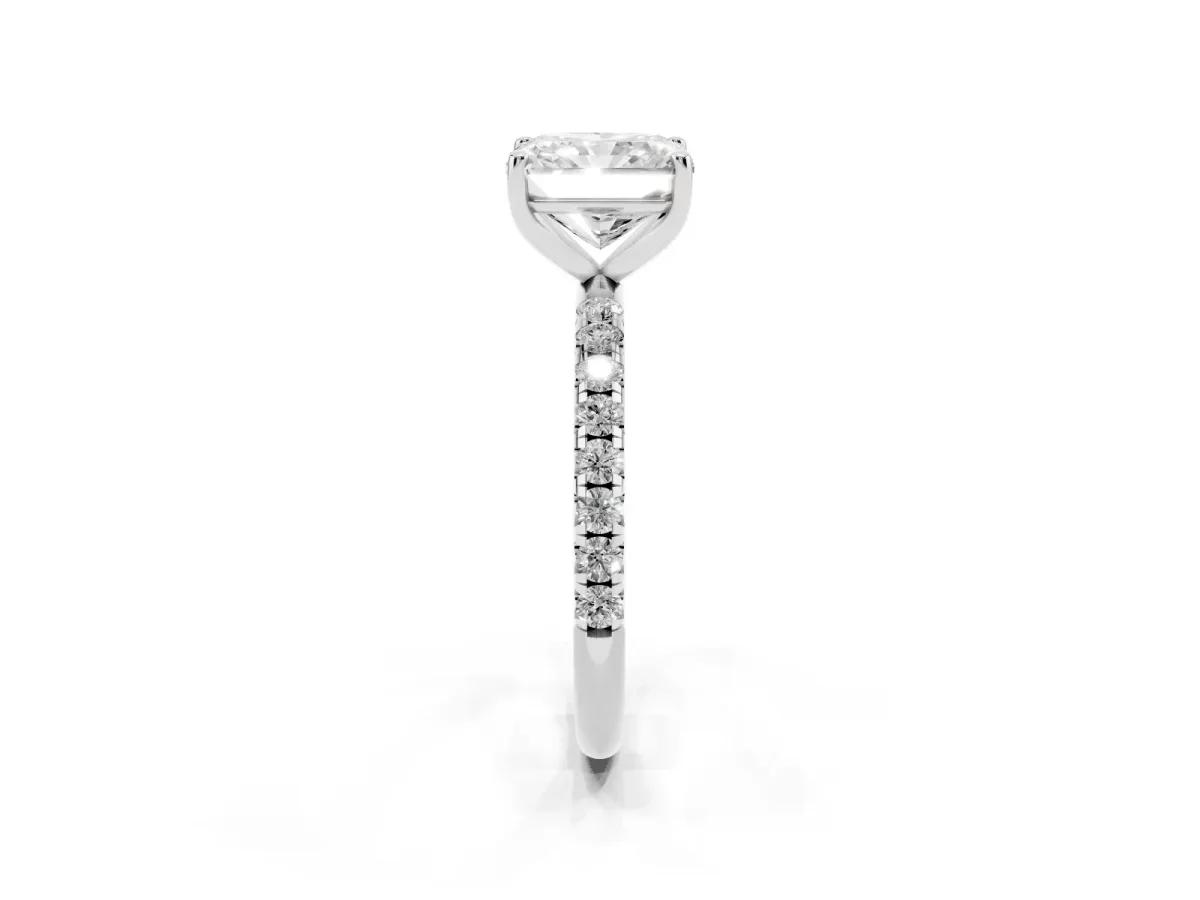 Radiant Cut Cut Diamond Solitaire Ring with Micro Pave Band and Four Prong Setting Silver