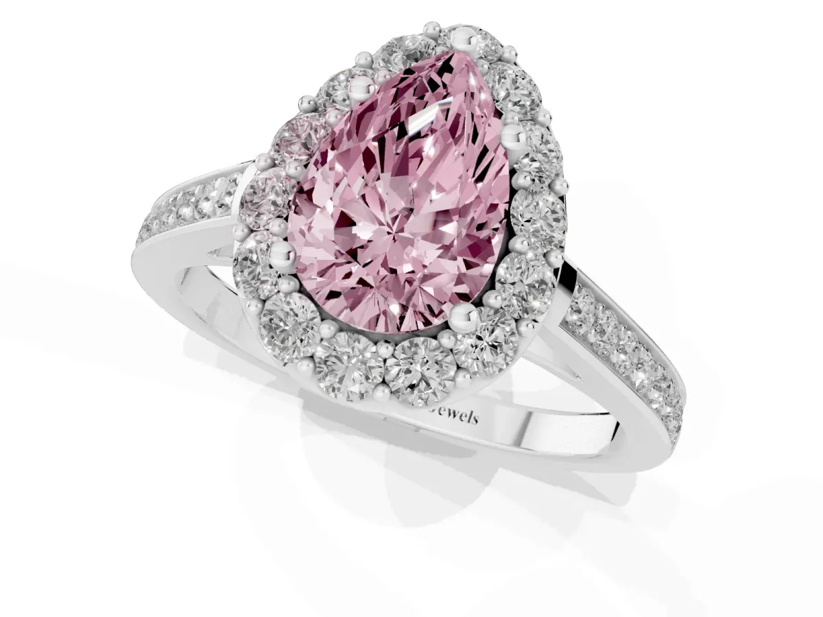 Fancy Pink Pear Cut Diamond Floral Halo Ring with Pavé Band and Prong Setting Platinum