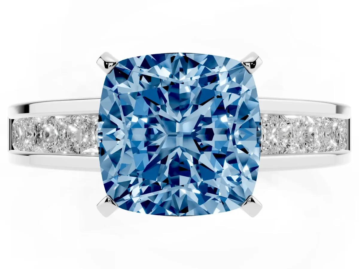 Fancy Blue Cushion Cut Solitaire Diamond Ring with Channel-Set Band and Four-Prong Setting Silver