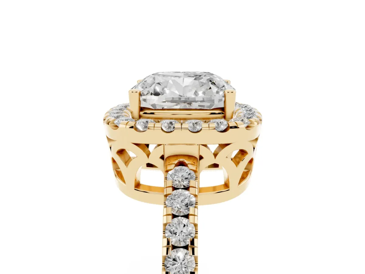 Cushion Cut Halo Diamond Engagement Ring with Pavé Band and Four-Prong Setting Yellow gold