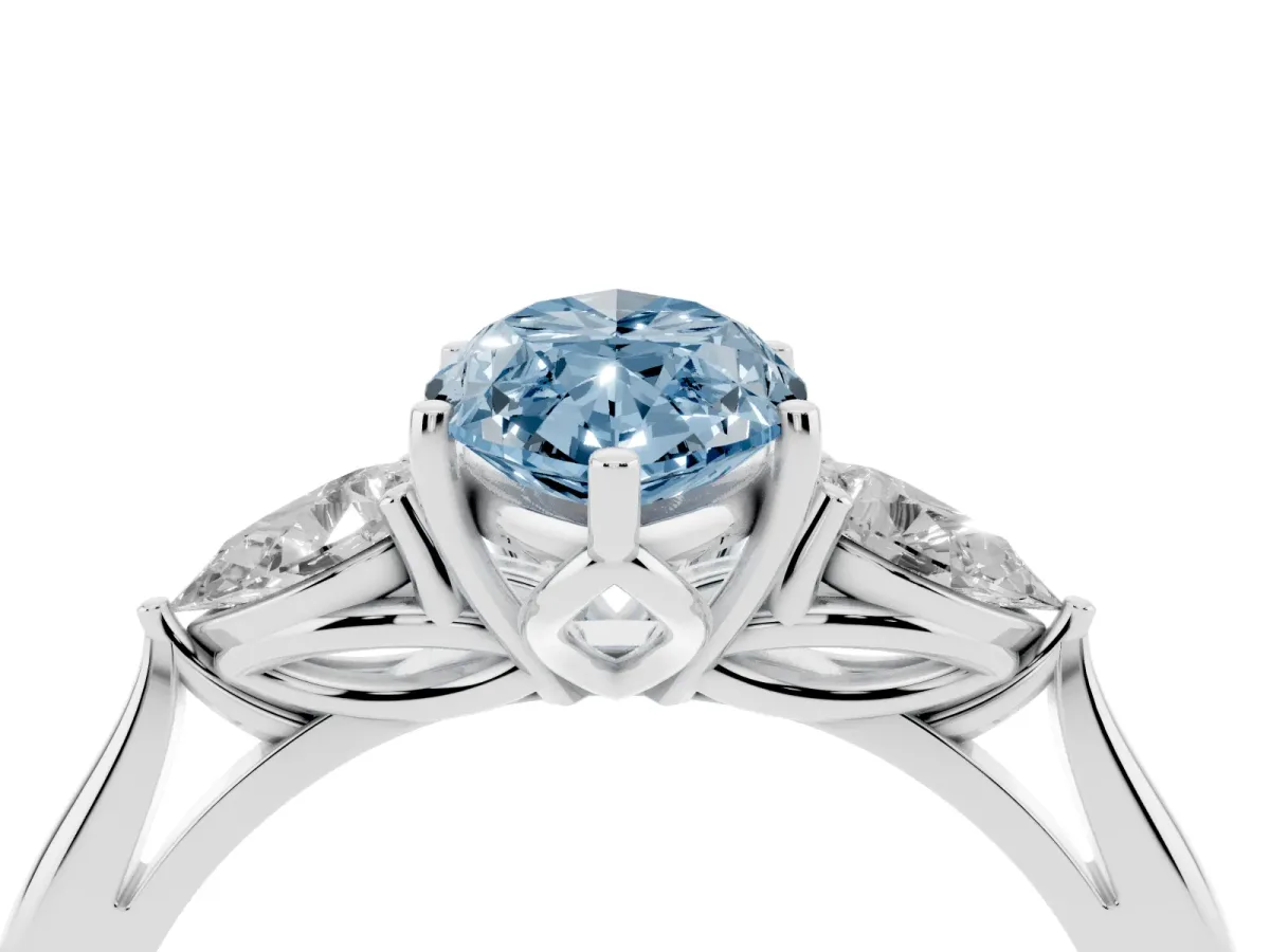 Fancy Blue Marquise Cut Diamond Three-Stone Ring with Pear Side Stones and Prong Setting Silver
