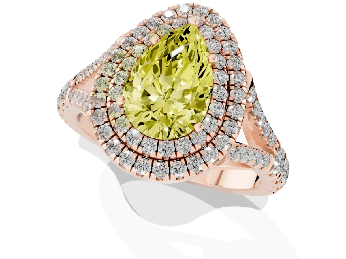 Fancy Yellow Pear Cut Diamond Pavé Split Shank Double Halo Engagement Ring Rose gold