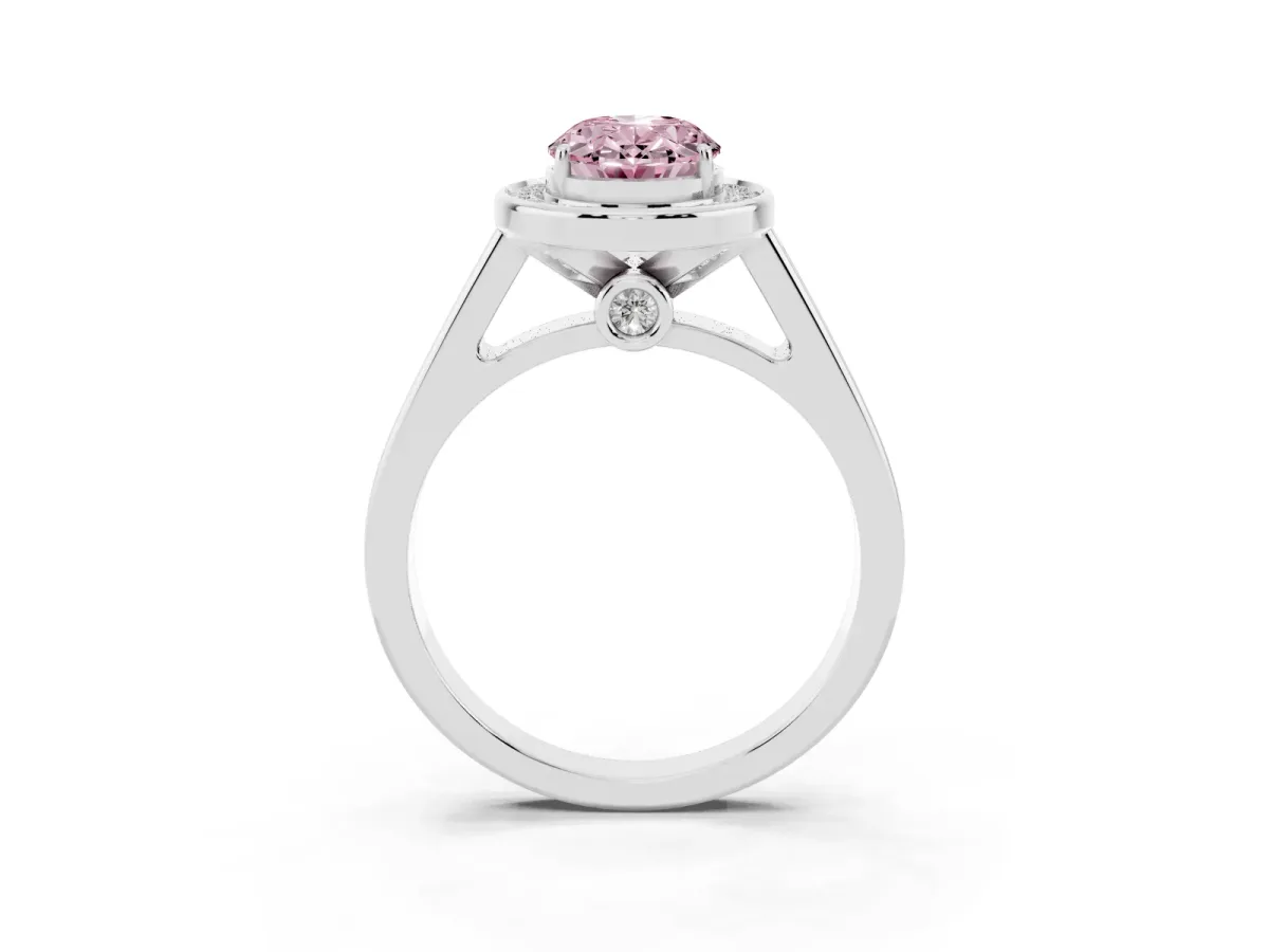 Fancy Pink Oval Cut Halo Solitaire Diamond Ring with Pave Band and Bezel Setting Silver