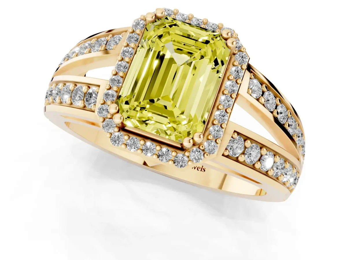 Fancy Yellow Emerald Cut Diamond Halo Ring with Split Shank Pavé Band and Four-Prong Setting Yellow gold