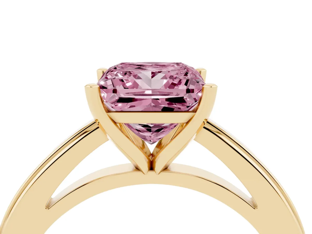 Fancy Pink Princess Cut Solitaire Diamond Ring with Four-Prong Setting and Classic Band Yellow gold