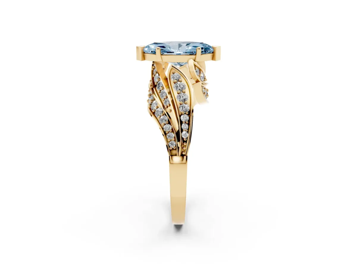 Fancy Blue Marquise Cut Diamond Solitaire Ring with Prong Setting and Twisted Pavé Band Yellow gold