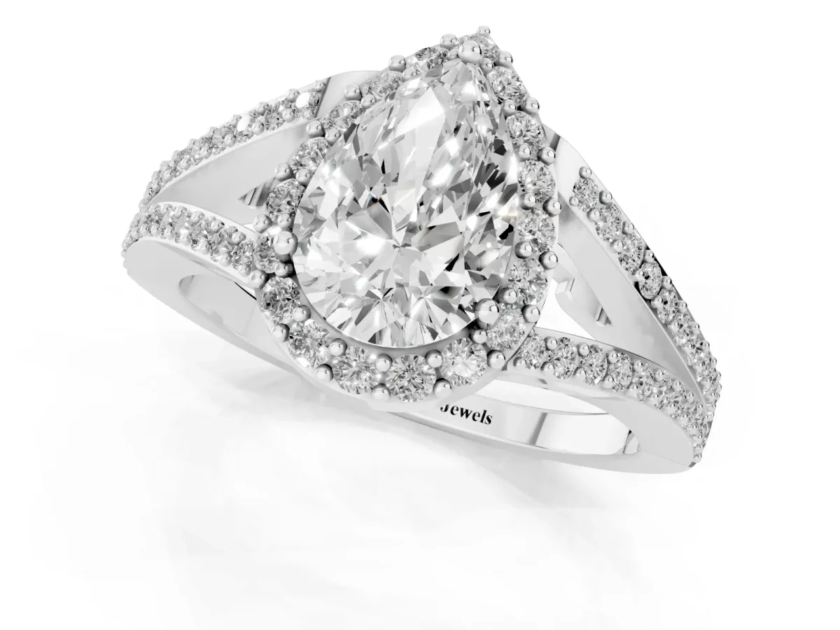 Pear Cut Halo Split Shank Diamond Ring with Prong Setting Platinum