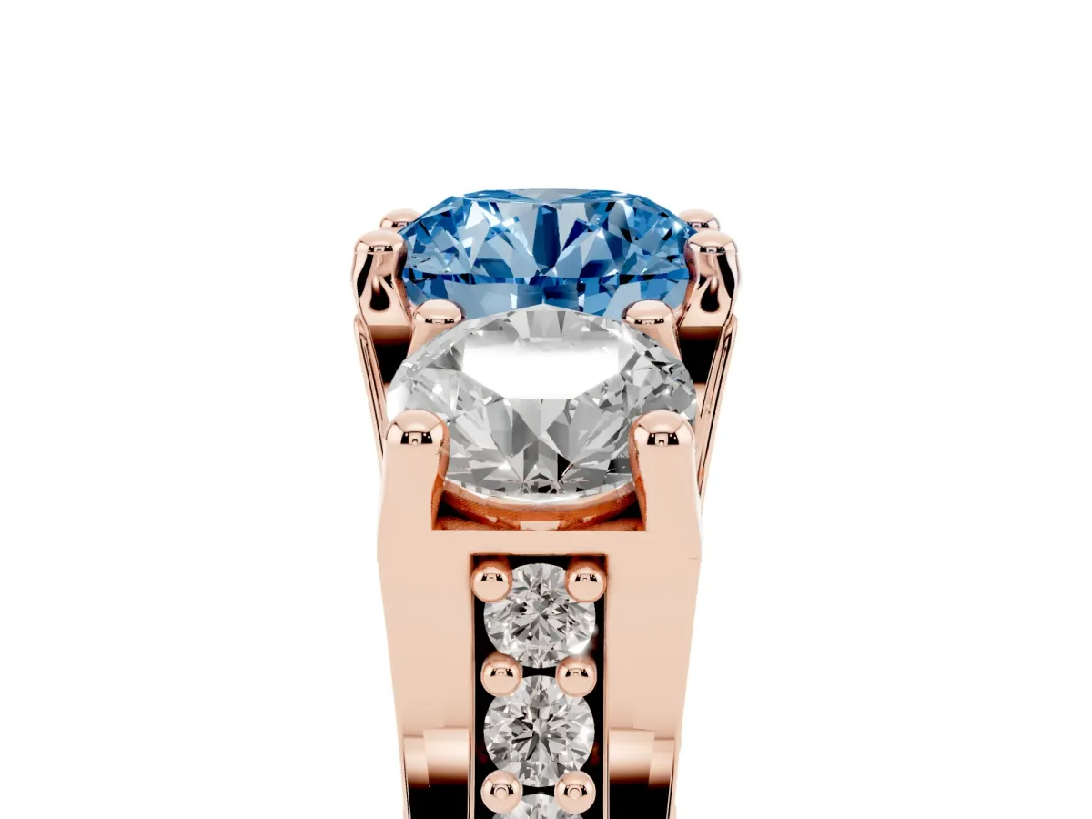 Fancy Blue Round Cut Diamond Three-Stone Ring with Channel Set Band and Four-Prong Setting Rose gold
