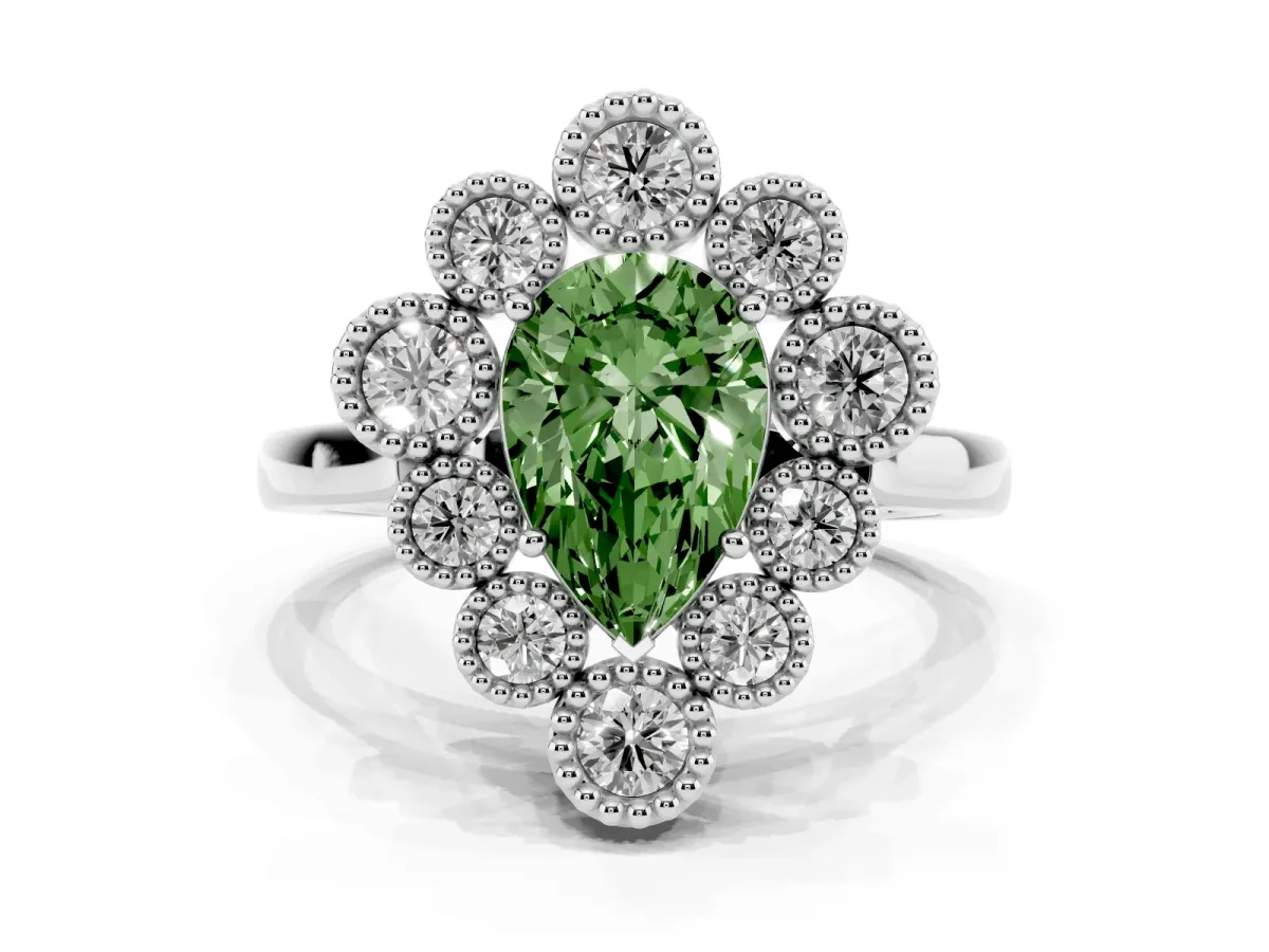 Fancy Green Pear Cut Halo Diamond Cluster Engagement Ring with Milgrain Bezel Setting and Solitaire Band Platinum