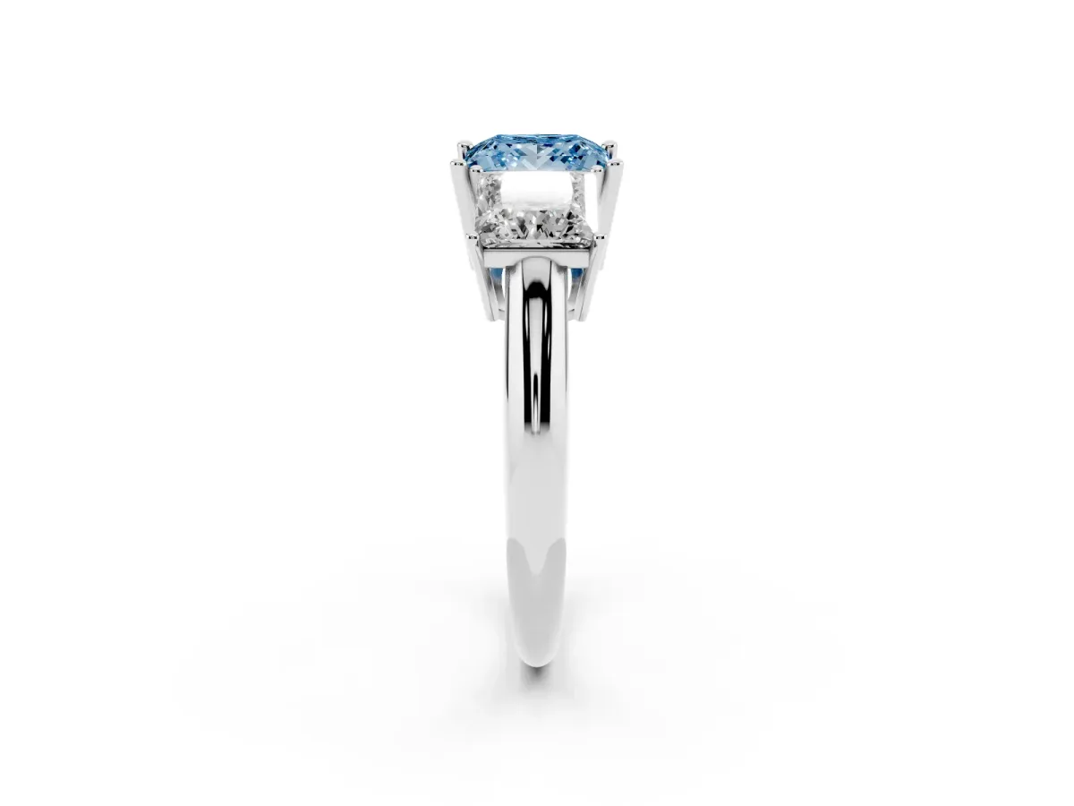 Fancy Blue Three-Stone Princess Cut Cut Diamond Engagement Ring with Prong Setting on a White Gold Band Silver