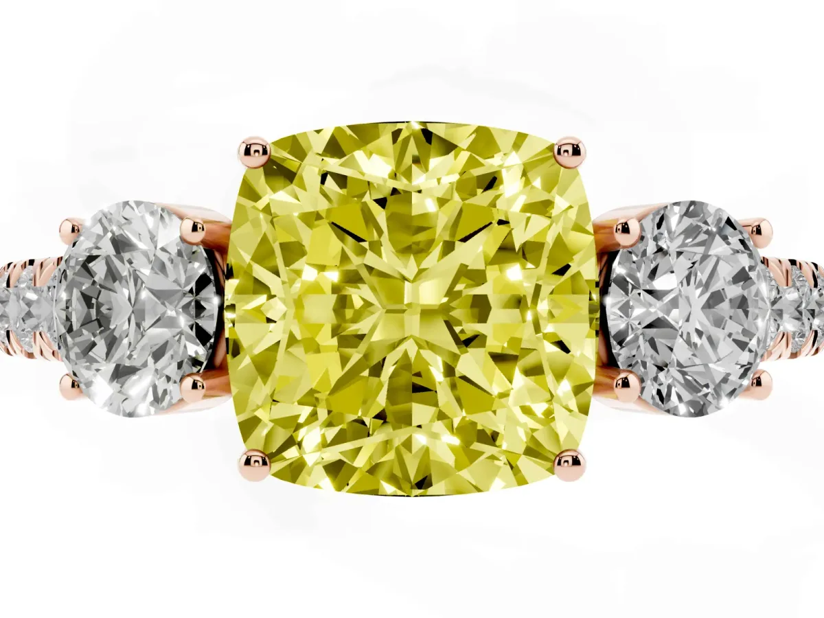 Fancy Yellow Cushion Cut Cut Diamond Three-Stone Ring with Round Side Stones and Pavé Band Rose gold