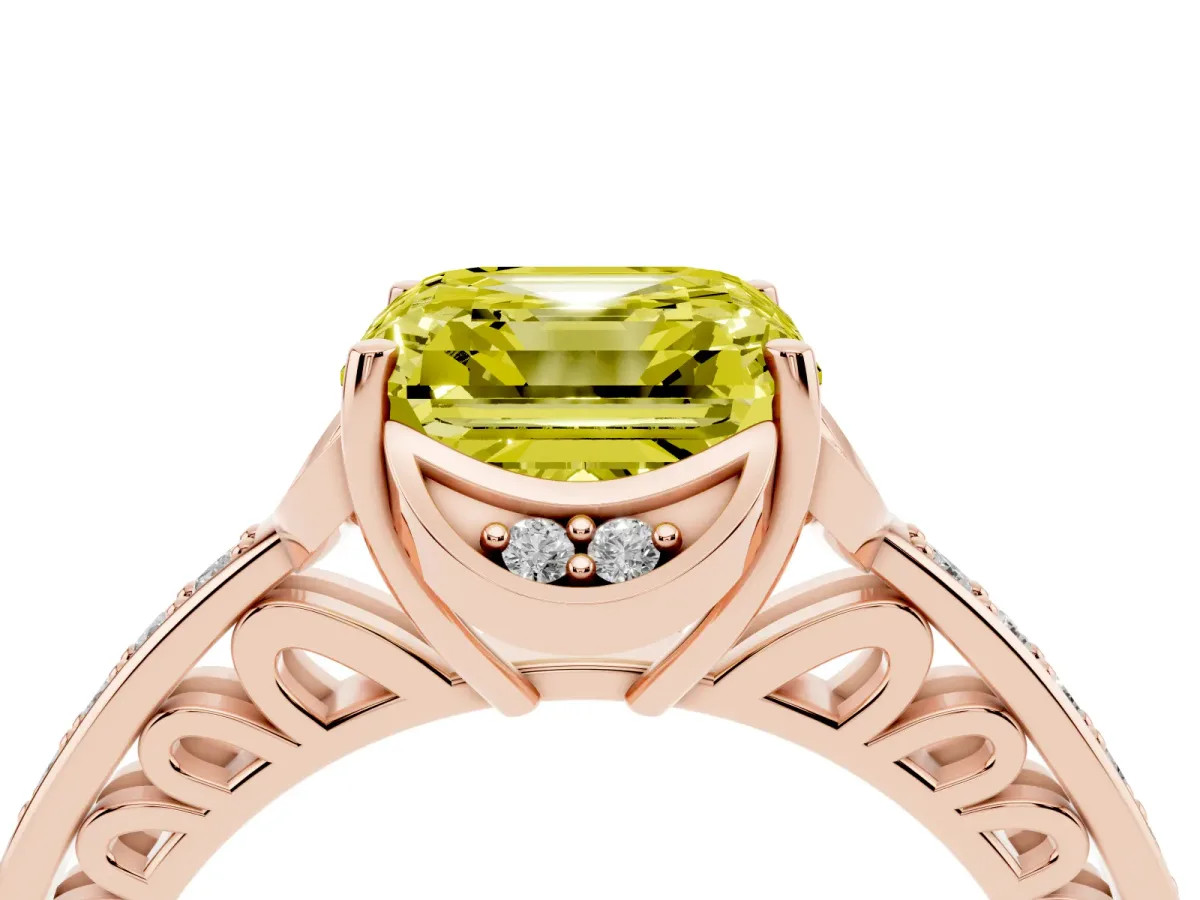 Fancy Yellow Asscher Cut Cut Halo Diamond Ring with Channel Set Band and Four-Prong Setting Rose gold