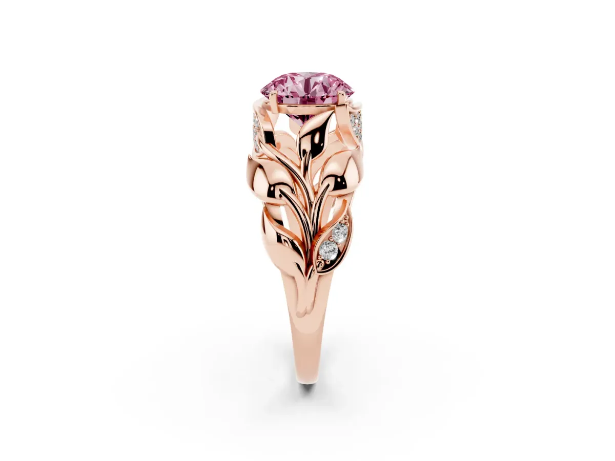 Fancy Pink Round Cut Diamond Leaf-Inspired Engagement Ring with Round Accents and Prong Setting Rose gold