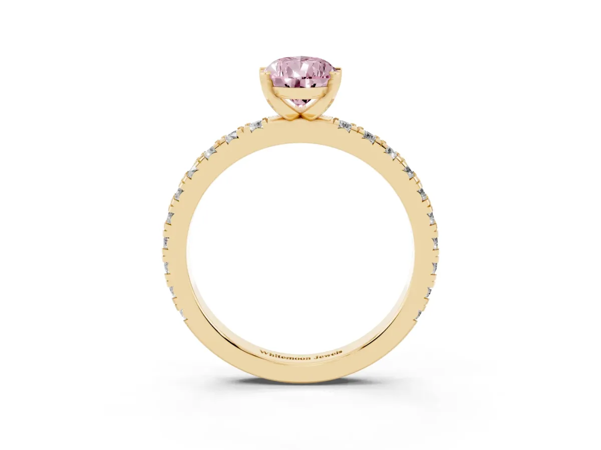 Fancy Pink Pear Cut Diamond Pavé Band Solitaire with Four-Prong Setting Yellow gold