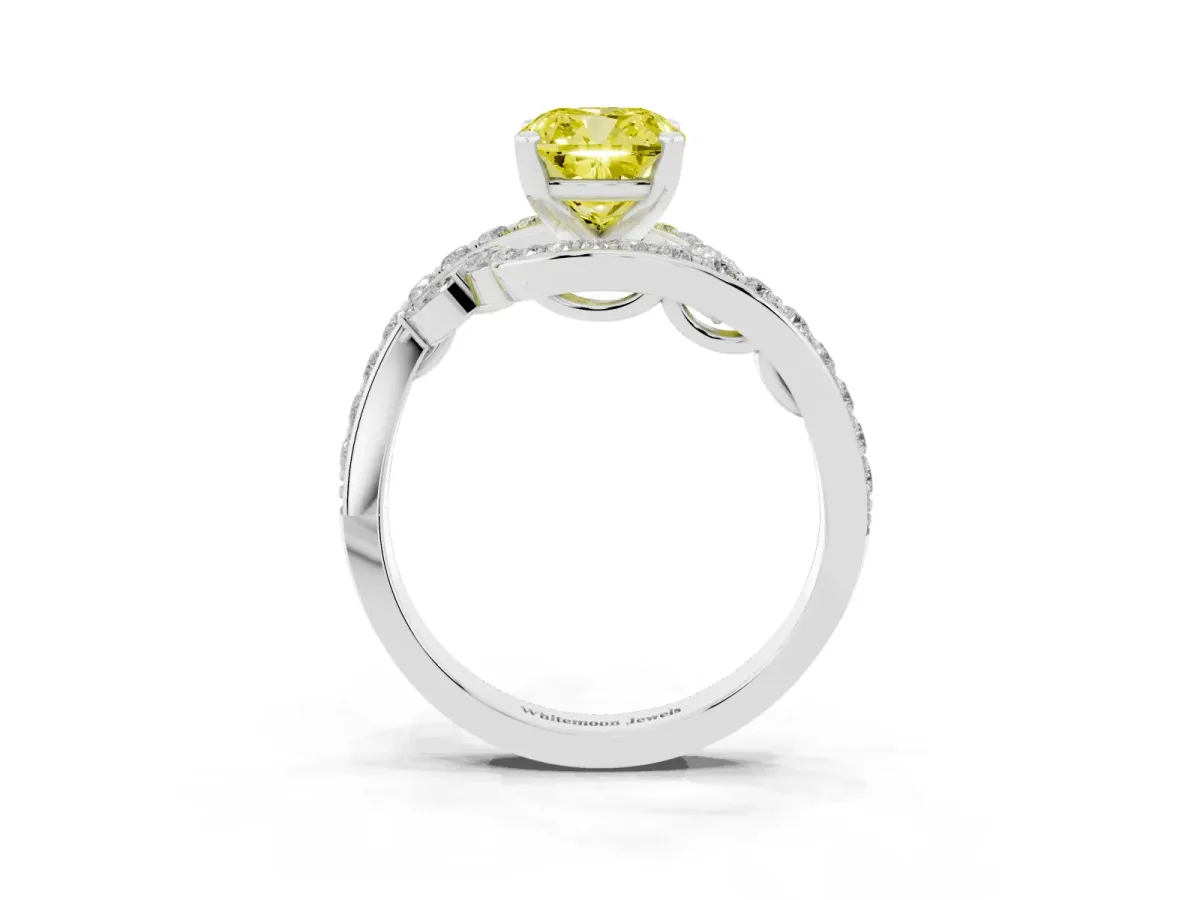 Fancy Yellow Cushion Cut Solitaire with Pavé Twist Band and Four-Prong Setting Platinum