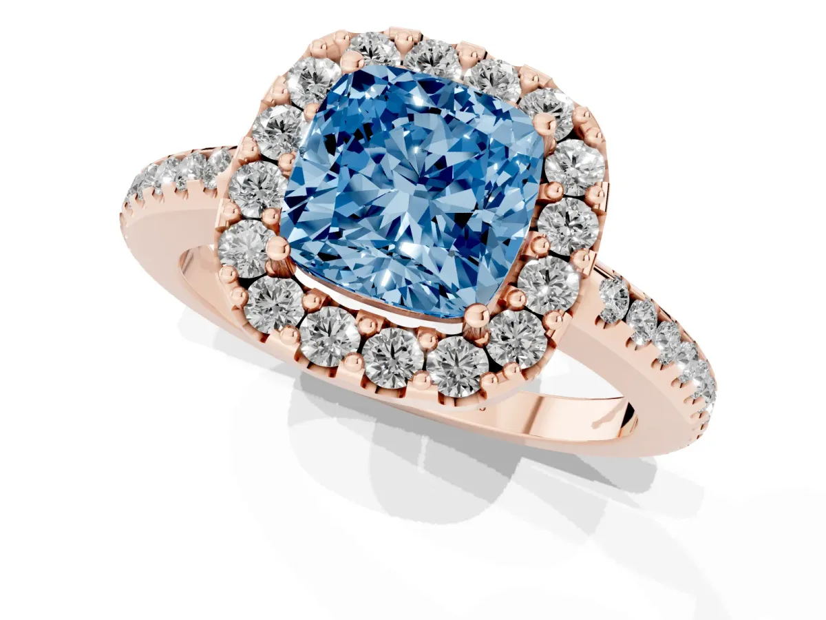 Fancy Blue Cushion Cut Diamond Pavé Halo Ring with Four-Prong Setting Rose gold