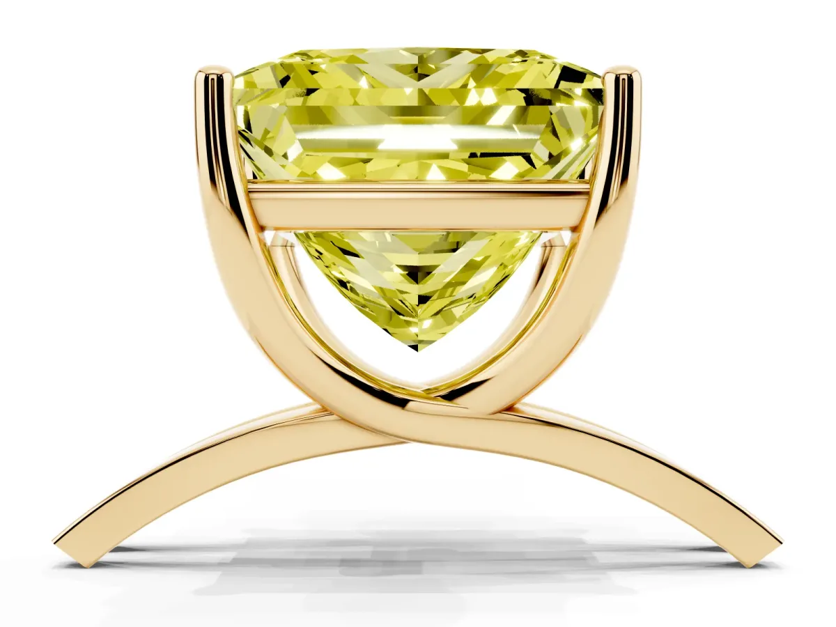 Fancy Yellow Princess Cut Cut Diamond Solitaire Engagement Ring with Tapered Plain Band and Four-Prong Setting Yellow gold