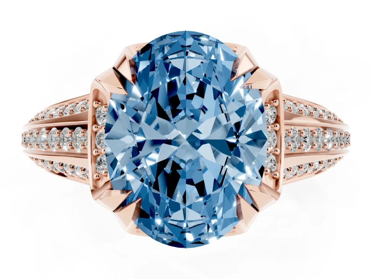 Fancy Blue Oval Cut Solitaire Pave Split Shank Ring with Four-Prong Setting Rose gold